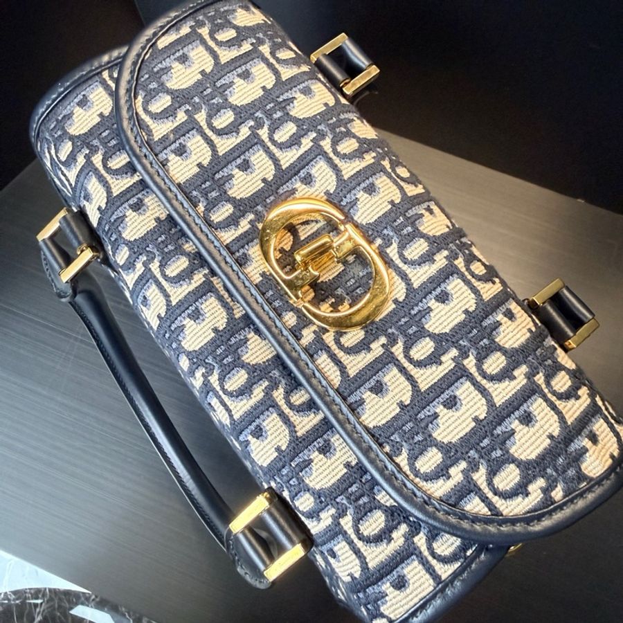 迪奧/Dior Boston 藍色經典老花波士頓手提包斜背包單肩包 中號-6