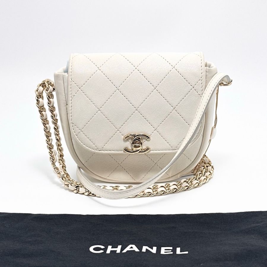 【威選精品】🤍 CHANEL 白色金扣馬鞍鏈條包-5