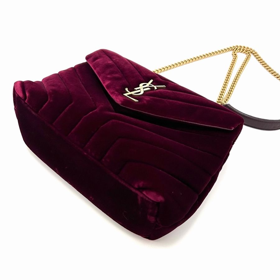 【威選精品】❤️ YSL 酒紅色金扣絲絨 LOULOU 肩背斜背包-2