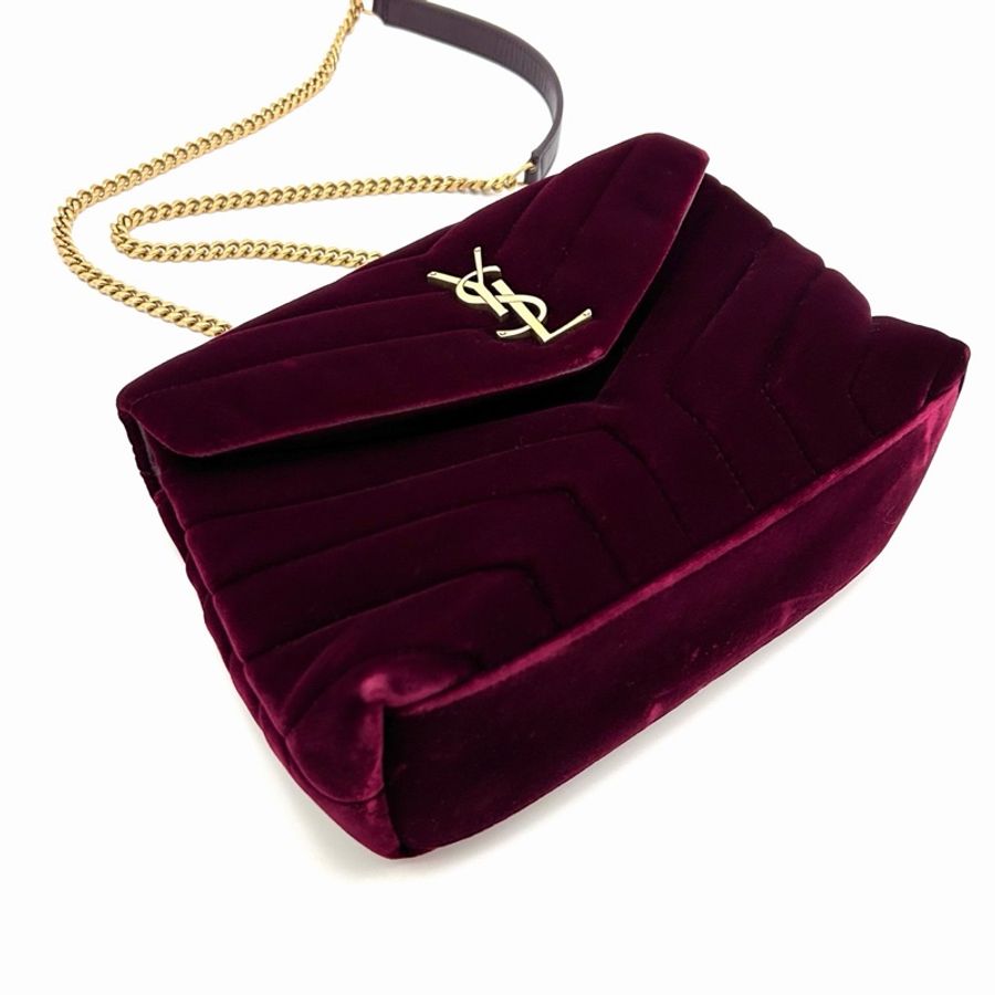 【威選精品】❤️ YSL 酒紅色金扣絲絨 LOULOU 肩背斜背包-3