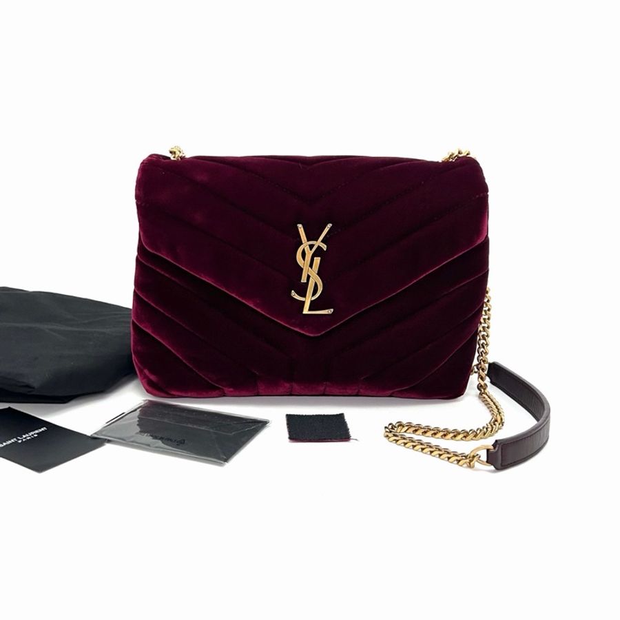 【威選精品】❤️ YSL 酒紅色金扣絲絨 LOULOU 肩背斜背包-5