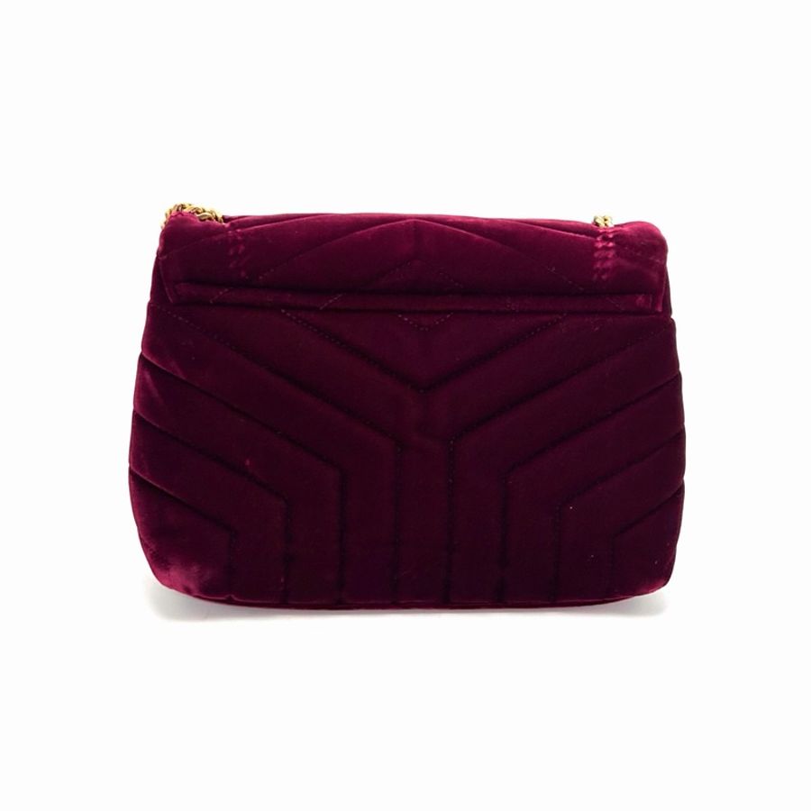【威選精品】❤️ YSL 酒紅色金扣絲絨 LOULOU 肩背斜背包-6