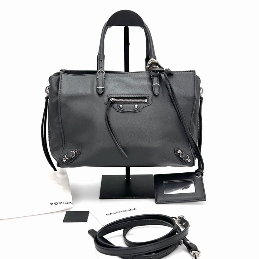 【威選精品】🩶 BALENCIAGA 灰色銀扣機車托特包-5
