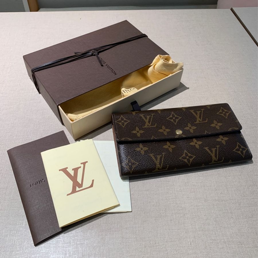 台北101購入正品 Louis Vuitton 路易威登 LV 錢包 長夾 老花小金豆 長款錢包經典款發財包 扣式長夾-0