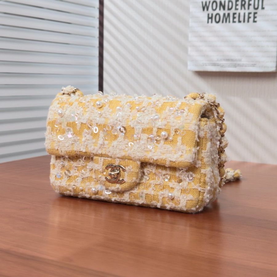 【威選精品】💛 CHANEL 黃色粗花呢串珠大 Mini CF 肩背斜背包 💛-1