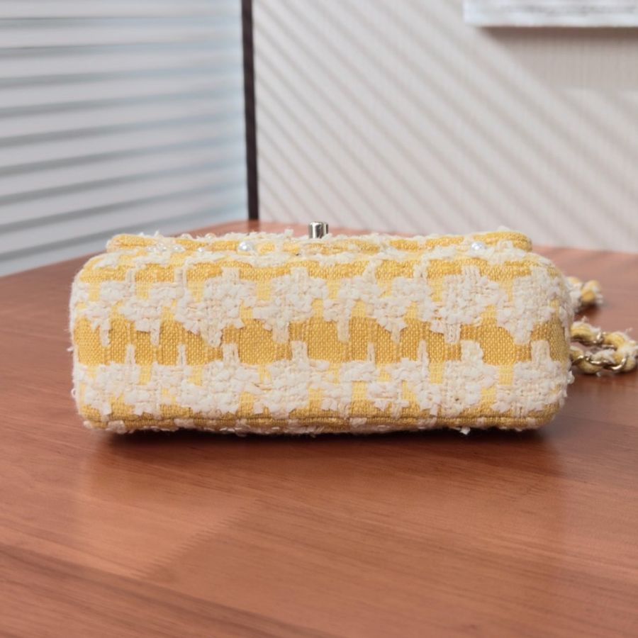 【威選精品】💛 CHANEL 黃色粗花呢串珠大 Mini CF 肩背斜背包 💛-5