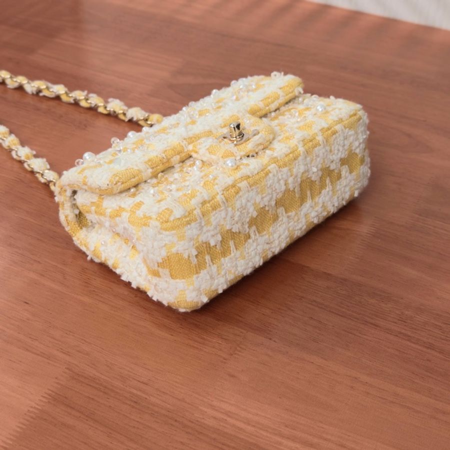 【威選精品】💛 CHANEL 黃色粗花呢串珠大 Mini CF 肩背斜背包 💛-6