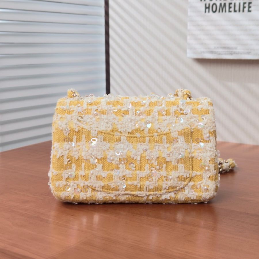 【威選精品】💛 CHANEL 黃色粗花呢串珠大 Mini CF 肩背斜背包 💛-8
