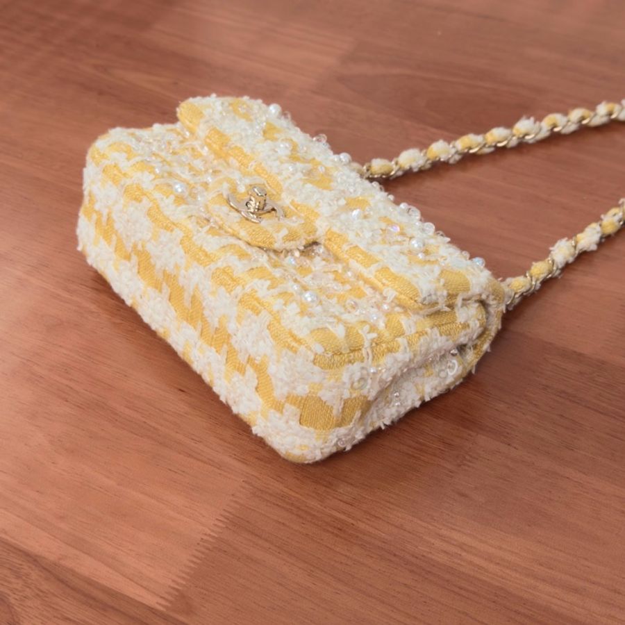 【威選精品】💛 CHANEL 黃色粗花呢串珠大 Mini CF 肩背斜背包 💛-9