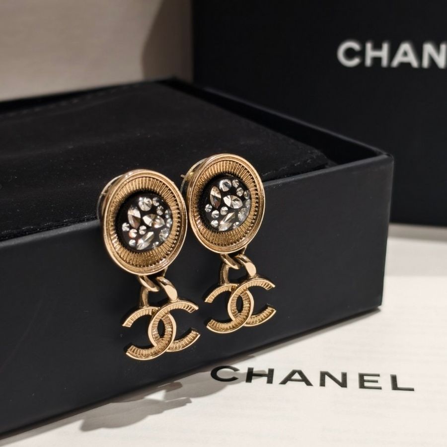 Chanel/香奈兒 黑金帶鑽logo耳環 雙C-0
