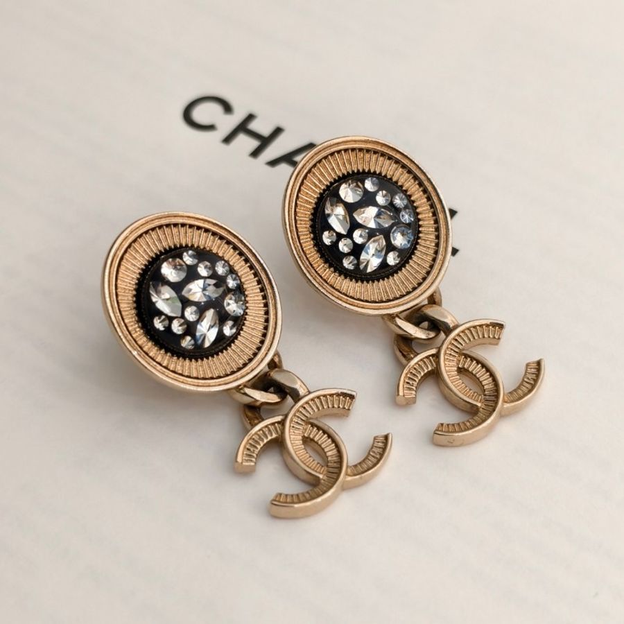 Chanel/香奈兒 黑金帶鑽logo耳環 雙C-1