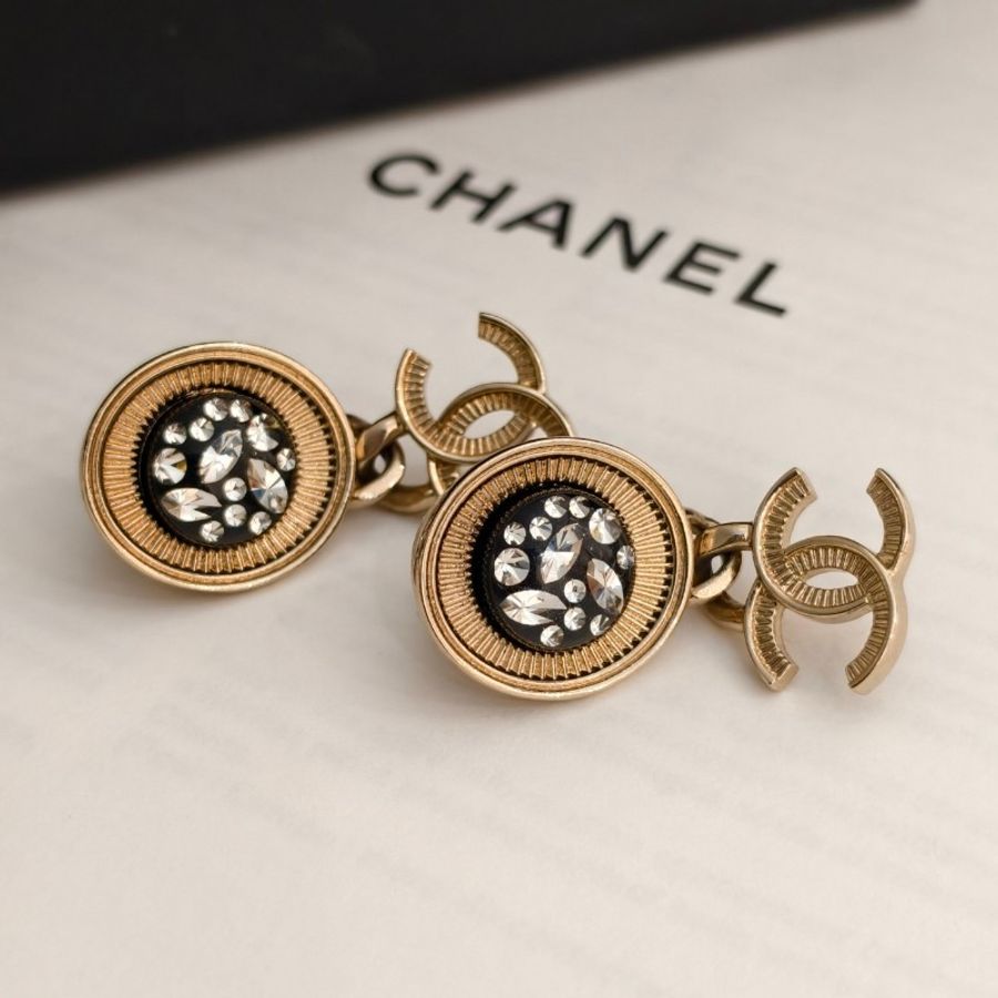 Chanel/香奈兒 黑金帶鑽logo耳環 雙C-2
