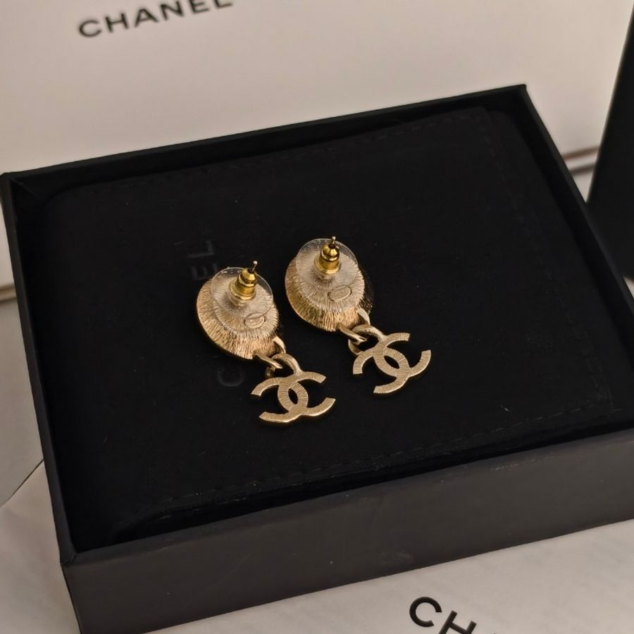 Chanel/香奈兒 黑金帶鑽logo耳環 雙C-3
