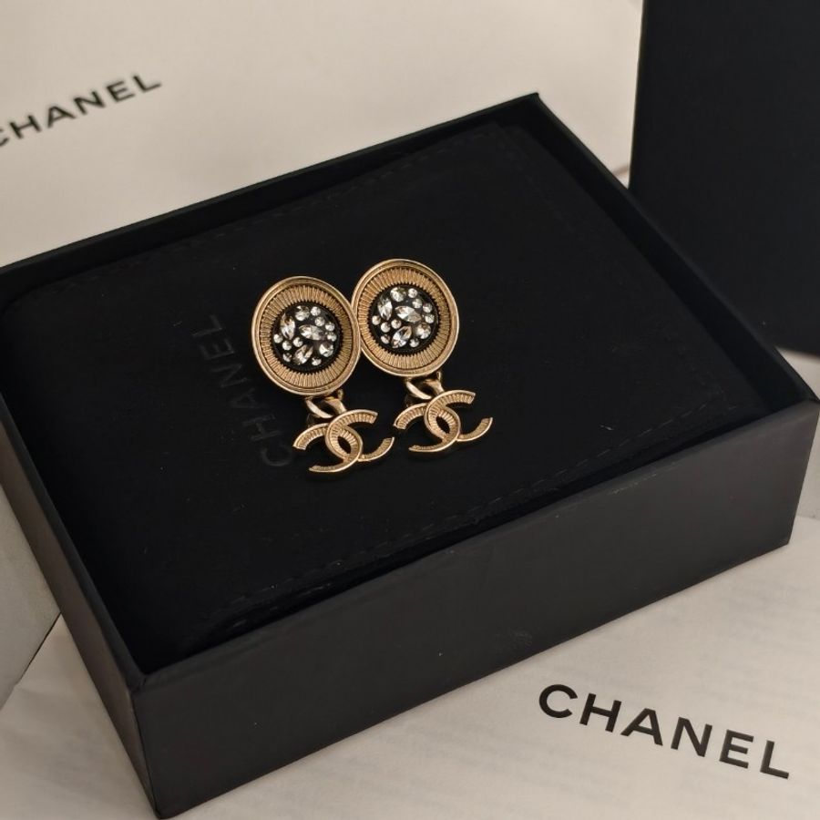 Chanel/香奈兒 黑金帶鑽logo耳環 雙C-5