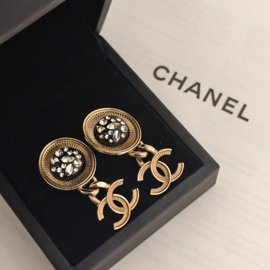Chanel/香奈兒 黑金帶鑽logo耳環 雙C-6