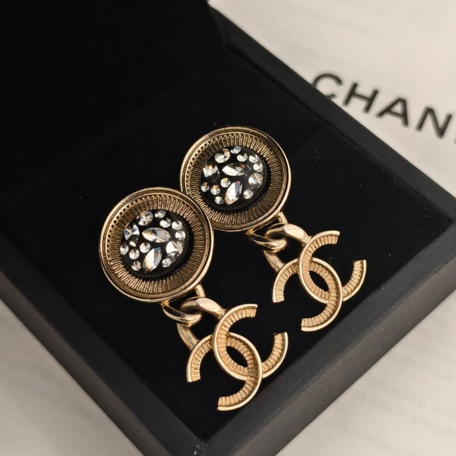 Chanel/香奈兒 黑金帶鑽logo耳環 雙C-7