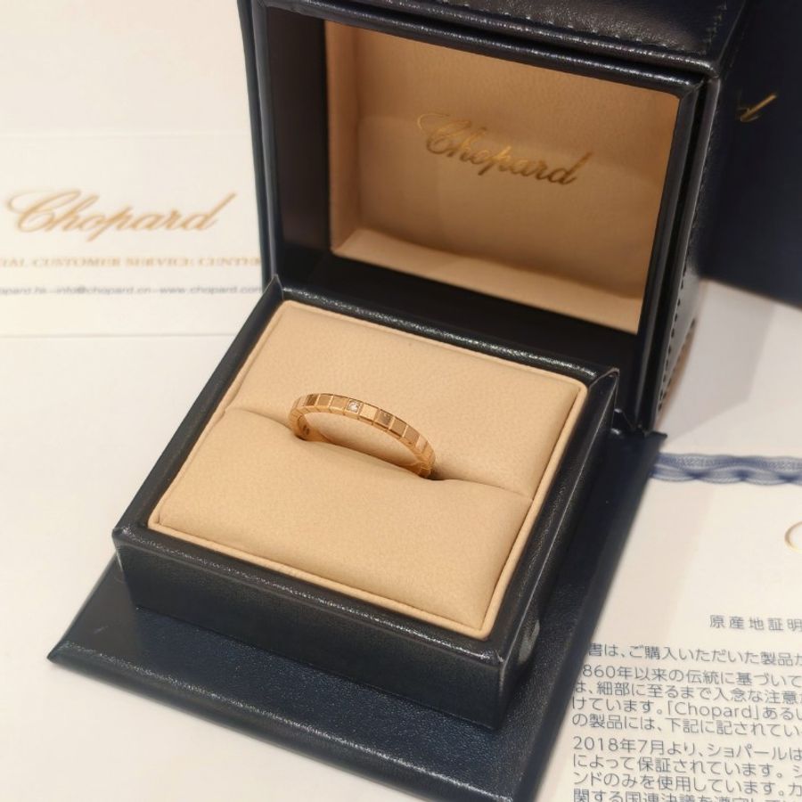 【25年全套】Chopard 18k玫瑰金窄版小方塊單鑽 冰塊戒指-0