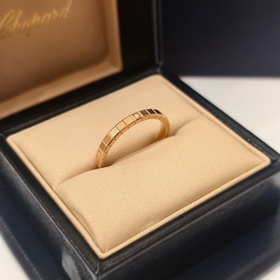 【25年全套】Chopard 18k玫瑰金窄版小方塊單鑽 冰塊戒指-3