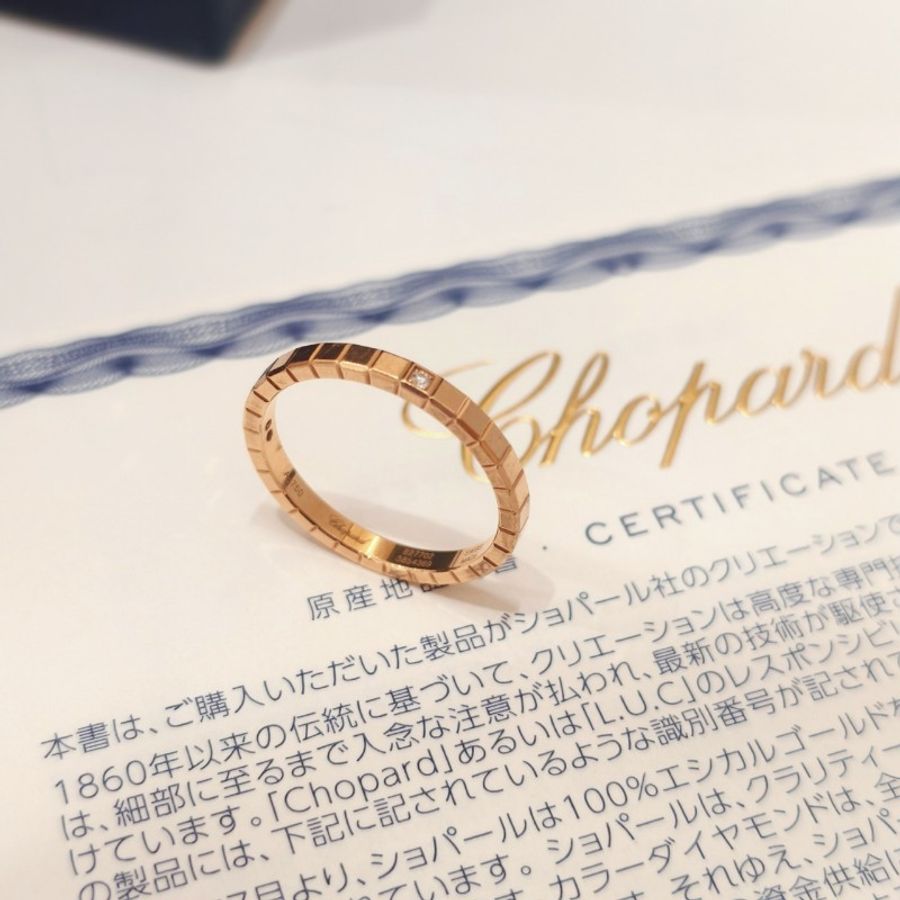 【25年全套】Chopard 18k玫瑰金窄版小方塊單鑽 冰塊戒指-5