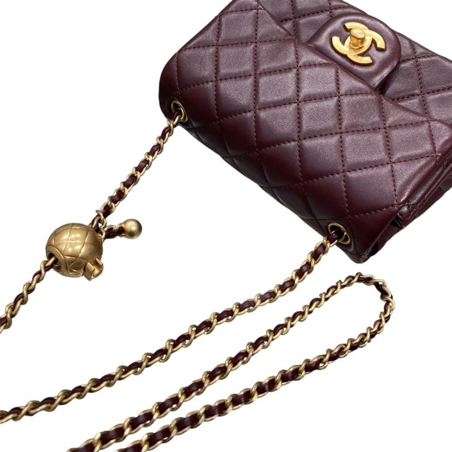 CHANEL 香奈兒 MATELASSE MINI 金球方胖子 羊皮 酒紅色 金釦-10