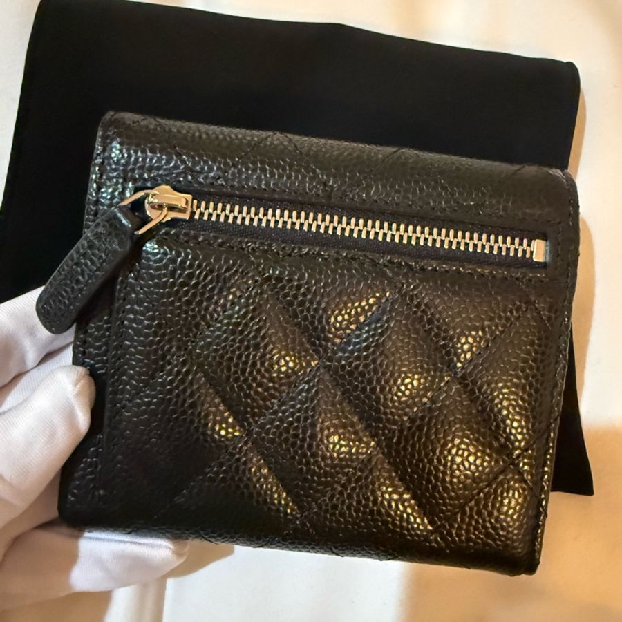 Chanel 經典荔枝皮 黑色銀釦 三折皮夾/短夾 現貨-5
