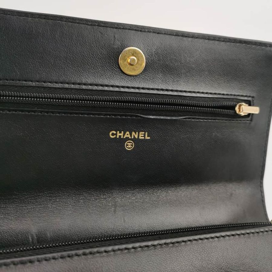 Chanel 羊皮純色菱格絎縫雙C標識斜背包單肩包-7