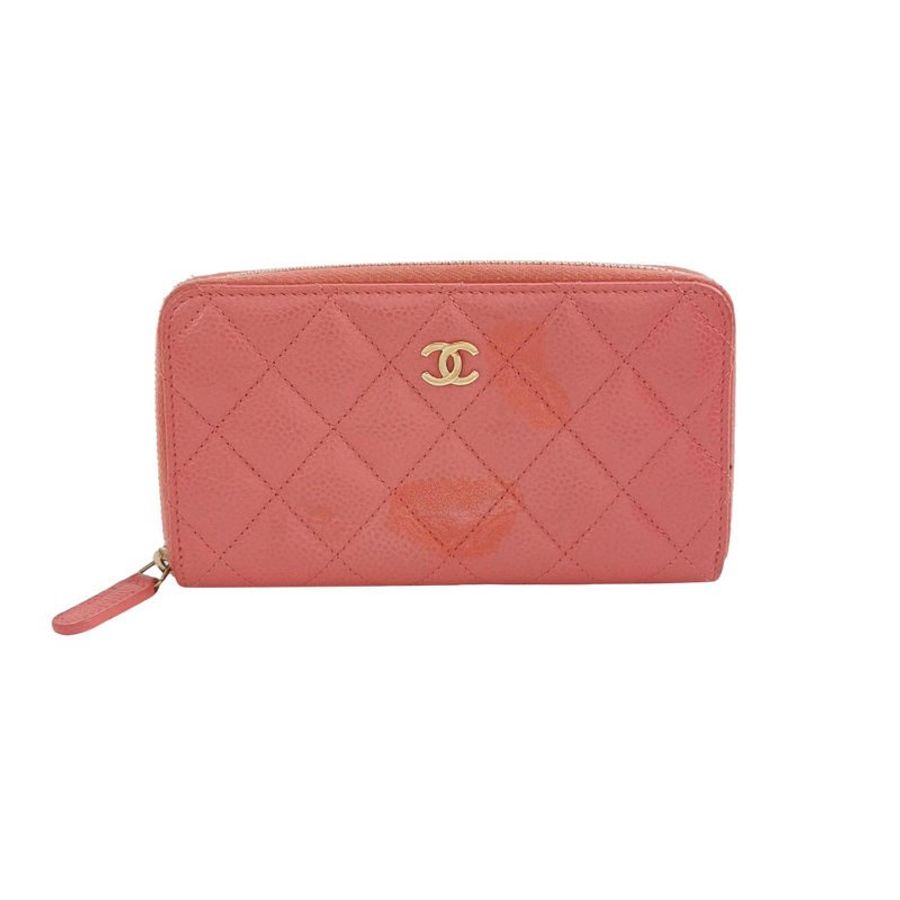 Chanel 牛皮純色菱格絎縫雙C Logo拉鍊錢包-0
