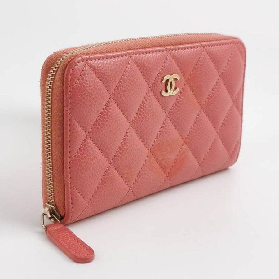 Chanel 牛皮純色菱格絎縫雙C Logo拉鍊錢包-2