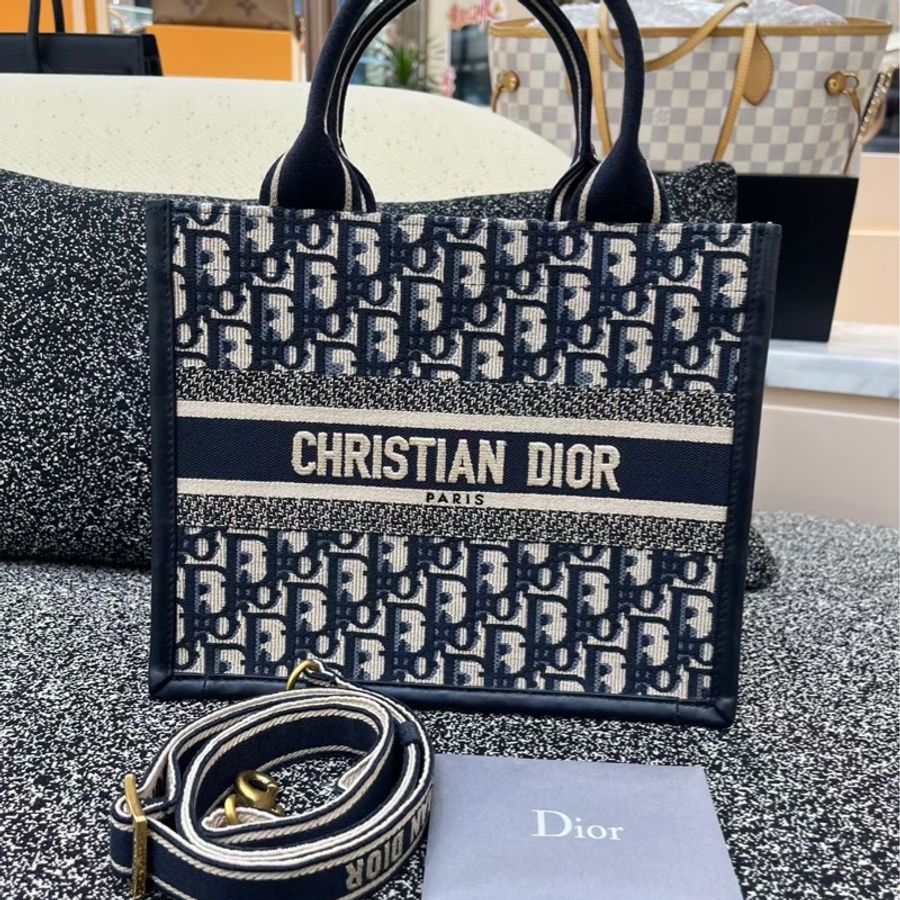 Dior/迪奧 新小號tote老花刺繡帆布手提包 拼皮款-1