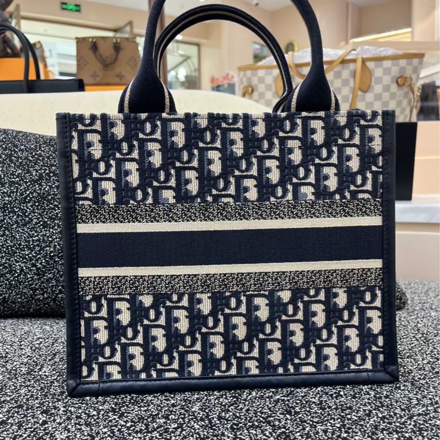 Dior/迪奧 新小號tote老花刺繡帆布手提包 拼皮款-2