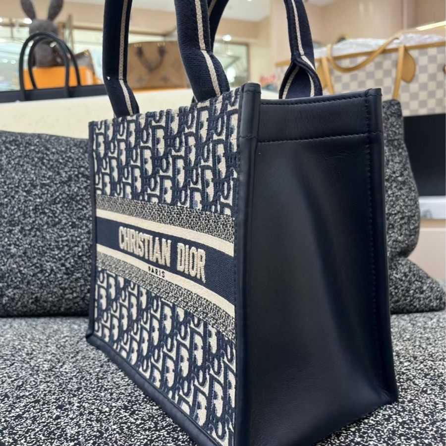 Dior/迪奧 新小號tote老花刺繡帆布手提包 拼皮款-3