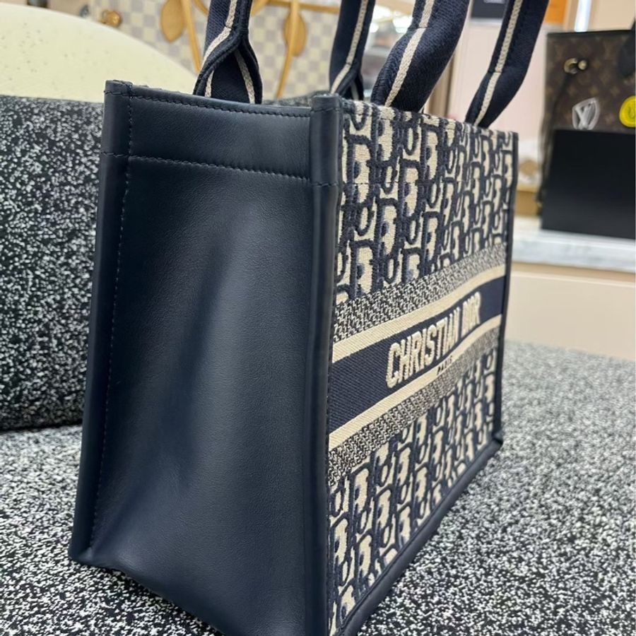 Dior/迪奧 新小號tote老花刺繡帆布手提包 拼皮款-4
