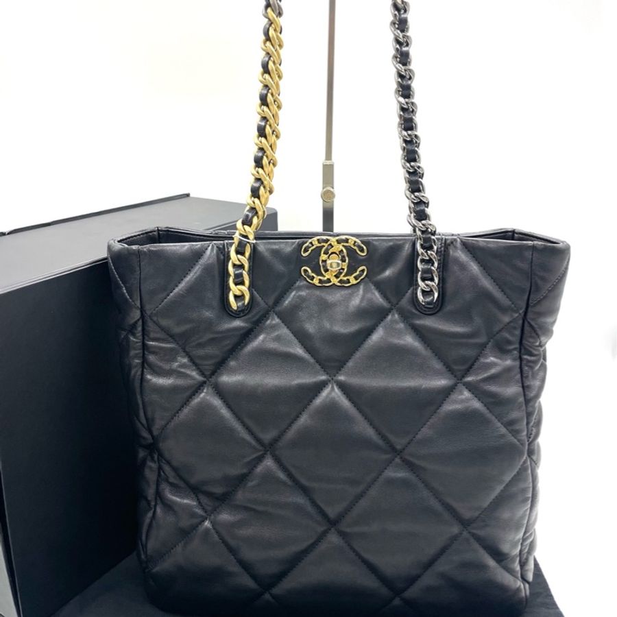 Chanel香奈兒 黑金 芯片19bag托特小羊皮黑金托特包鏈條包-1