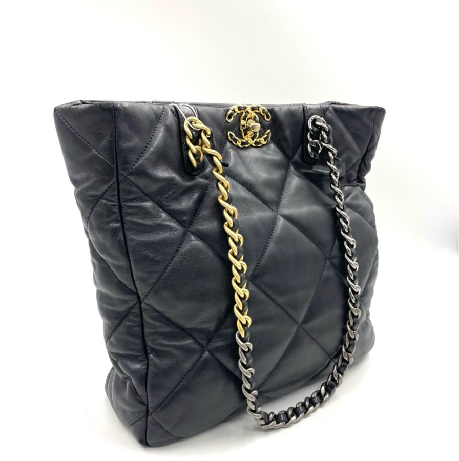 Chanel香奈兒 黑金 芯片19bag托特小羊皮黑金托特包鏈條包-2