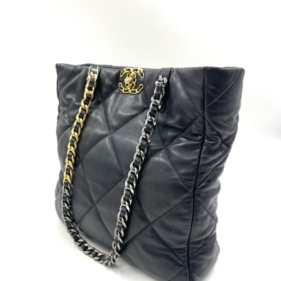 Chanel香奈兒 黑金 芯片19bag托特小羊皮黑金托特包鏈條包-3