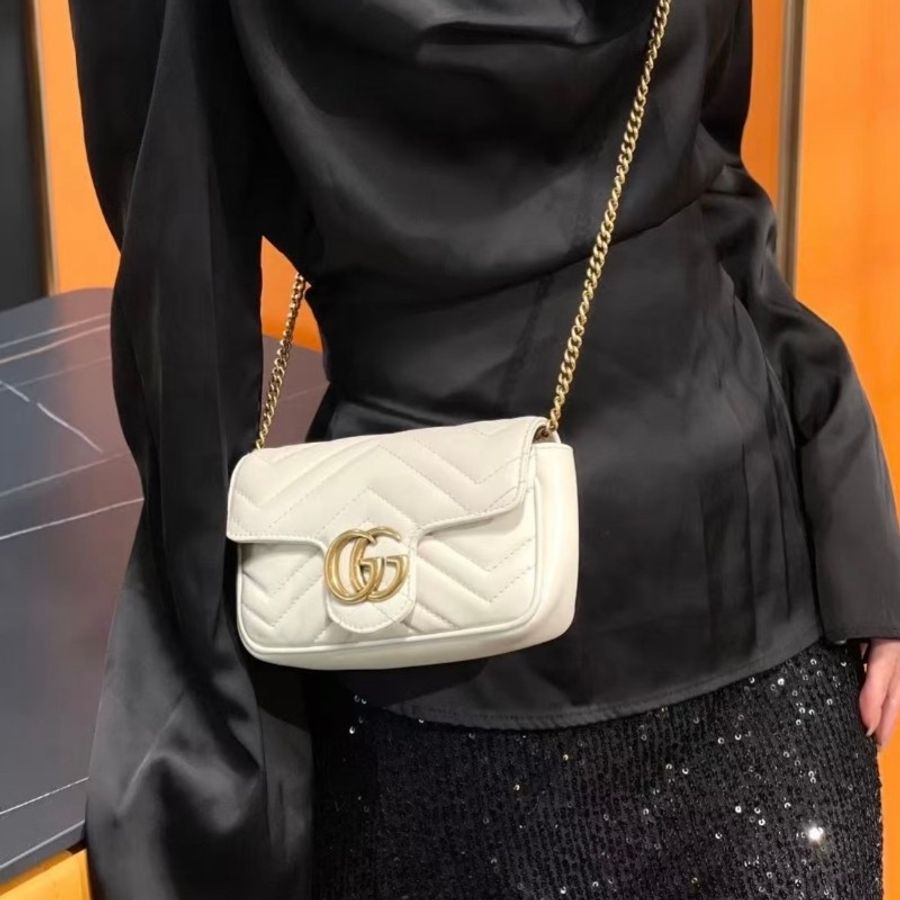 Gucci marmont馬蒙 mini 白色牛皮雙G金扣-0