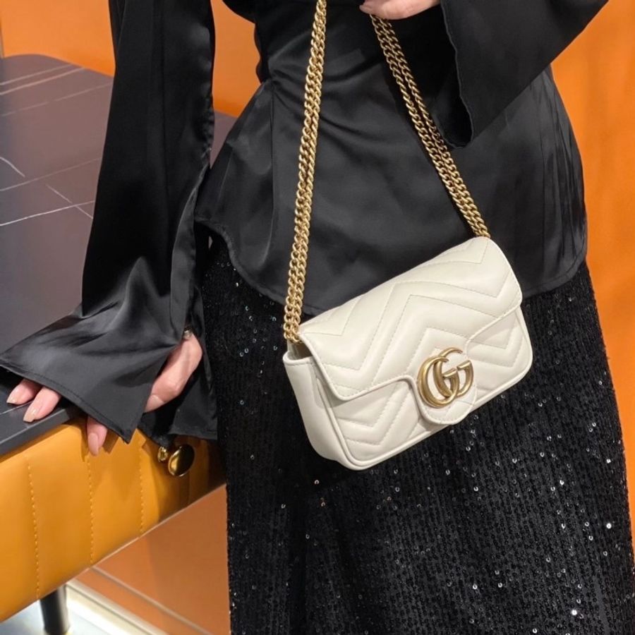 Gucci marmont馬蒙 mini 白色牛皮雙G金扣-1