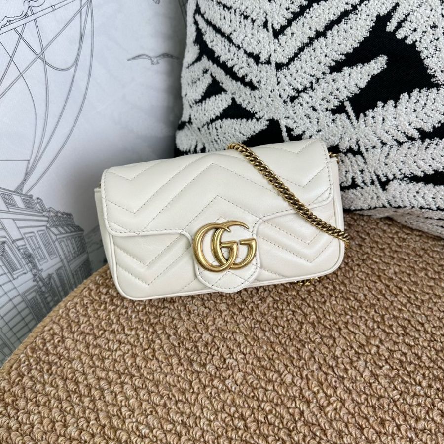 Gucci marmont馬蒙 mini 白色牛皮雙G金扣-2