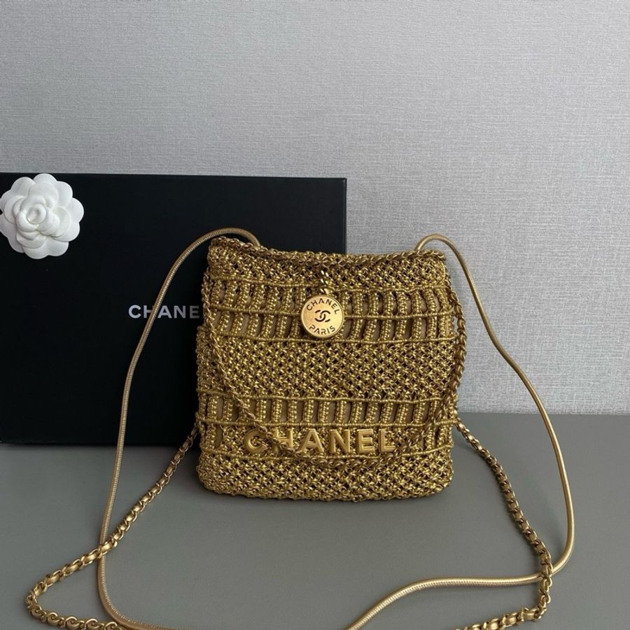 💎Chanel香奈兒｜22bag金色編織mini垃圾袋牛皮包｜98新 芯片款-1