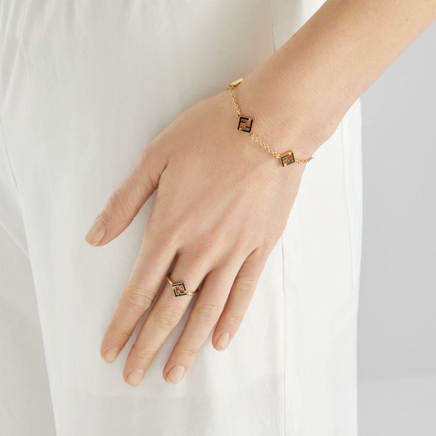 【FENDI 芬迪】Forever 鏤空FF圖案 黑色琺瑯 可調式 金屬手環 手鍊 金色 黑色 8AL492B09F1SD4-3