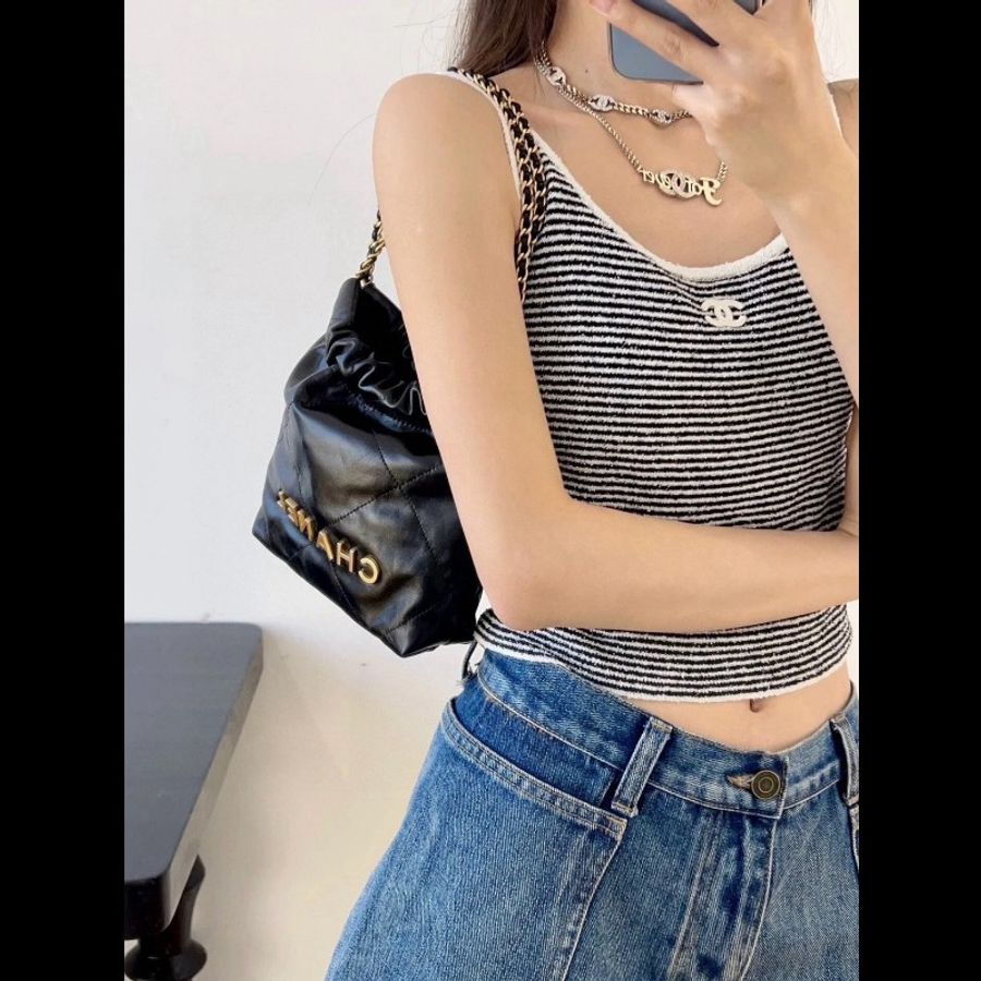 Chanel 香奈兒 24a限量特別款⭐️黑金mini Bag珍珠鏈迷你垃圾袋 牛皮99新✨️-0