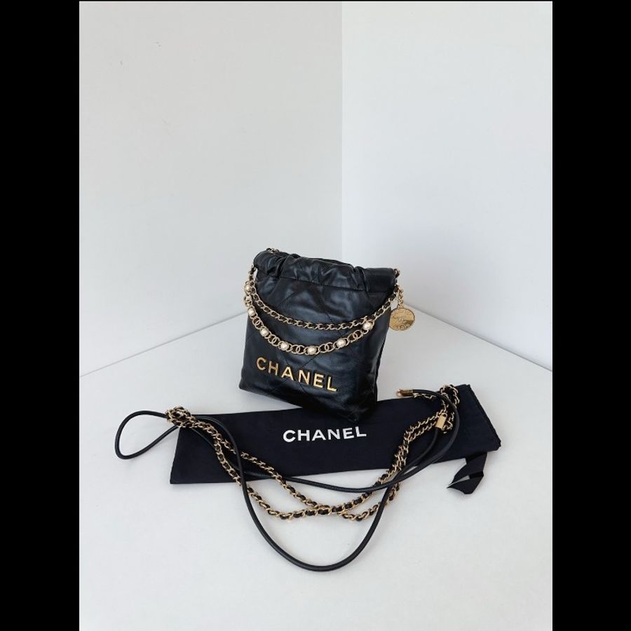 Chanel 香奈兒 24a限量特別款⭐️黑金mini Bag珍珠鏈迷你垃圾袋 牛皮99新✨️-5