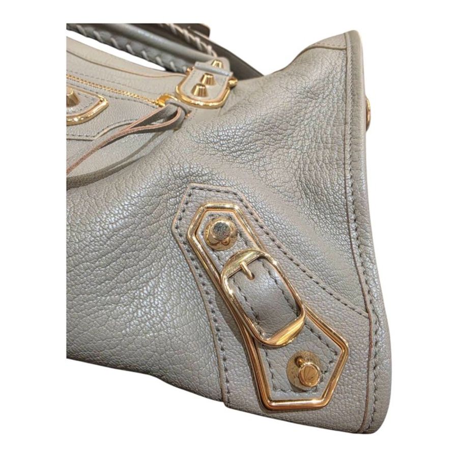 【美收精品】BALENCIAGA 灰銀色牛皮金扣機車包 5-697-1