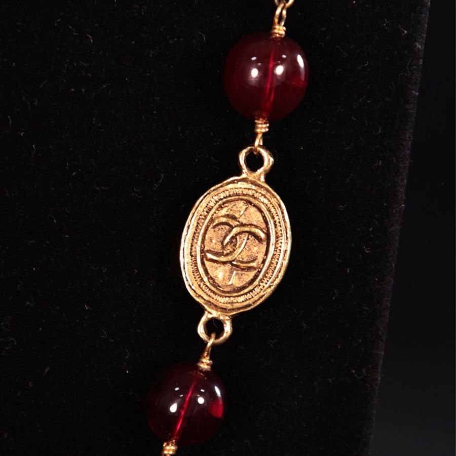 Chanel 红色琉璃拼接素金cc长项链毛衣链-11