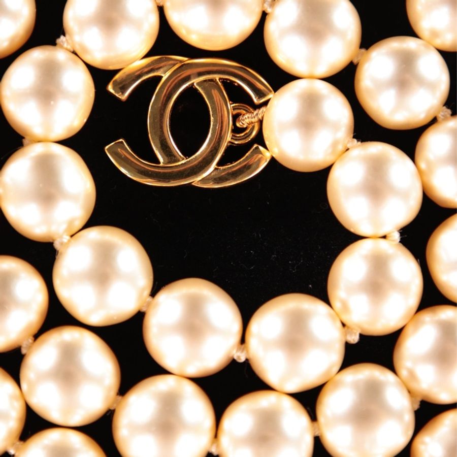 Chanel 96年珍珠素金书包扣长项链毛衣链-11