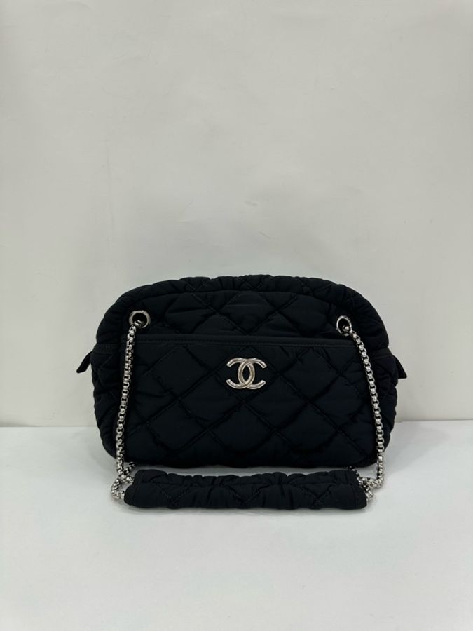 Chanel 香奈兒 黑銀布面泡芙單肩包絕版款 12開-1