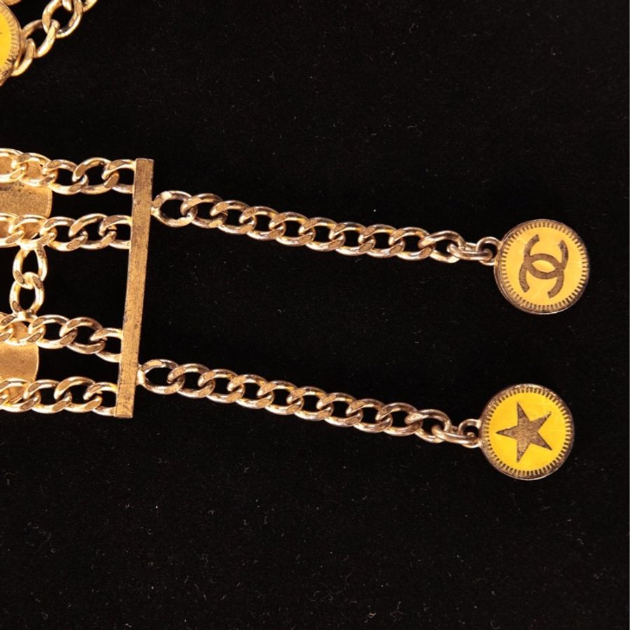Chanel 01年黄色五角星cc珐琅宽链条腰链-13
