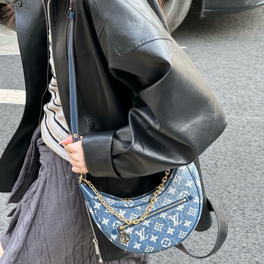 💙 LV 路易威登 丹寧牛仔豌豆 漸變藍 單肩包斜挎包手提包腋下包 芯片款-0