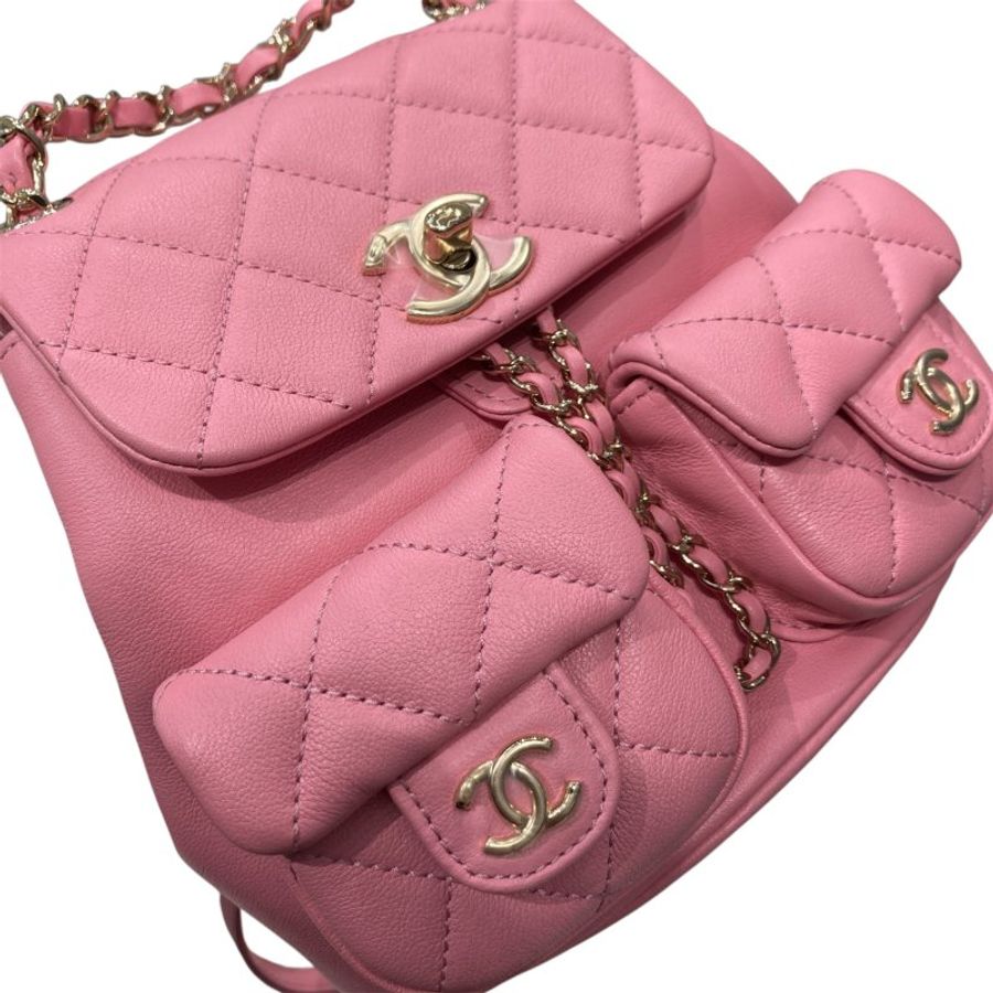 CHANEL 香奈兒 DUMA 後背包 皮革 粉色 金釦-10