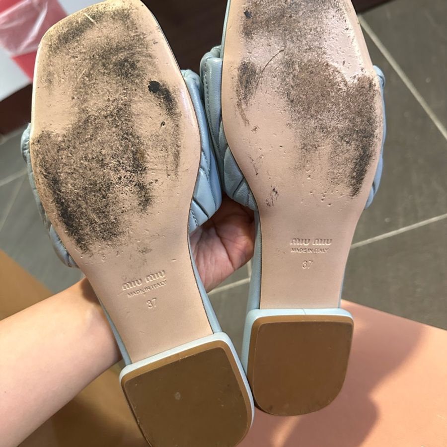 Miu Miu 凉鞋 拖鞋 凉托 经典皱皱真皮 平底露扯一字拖-7